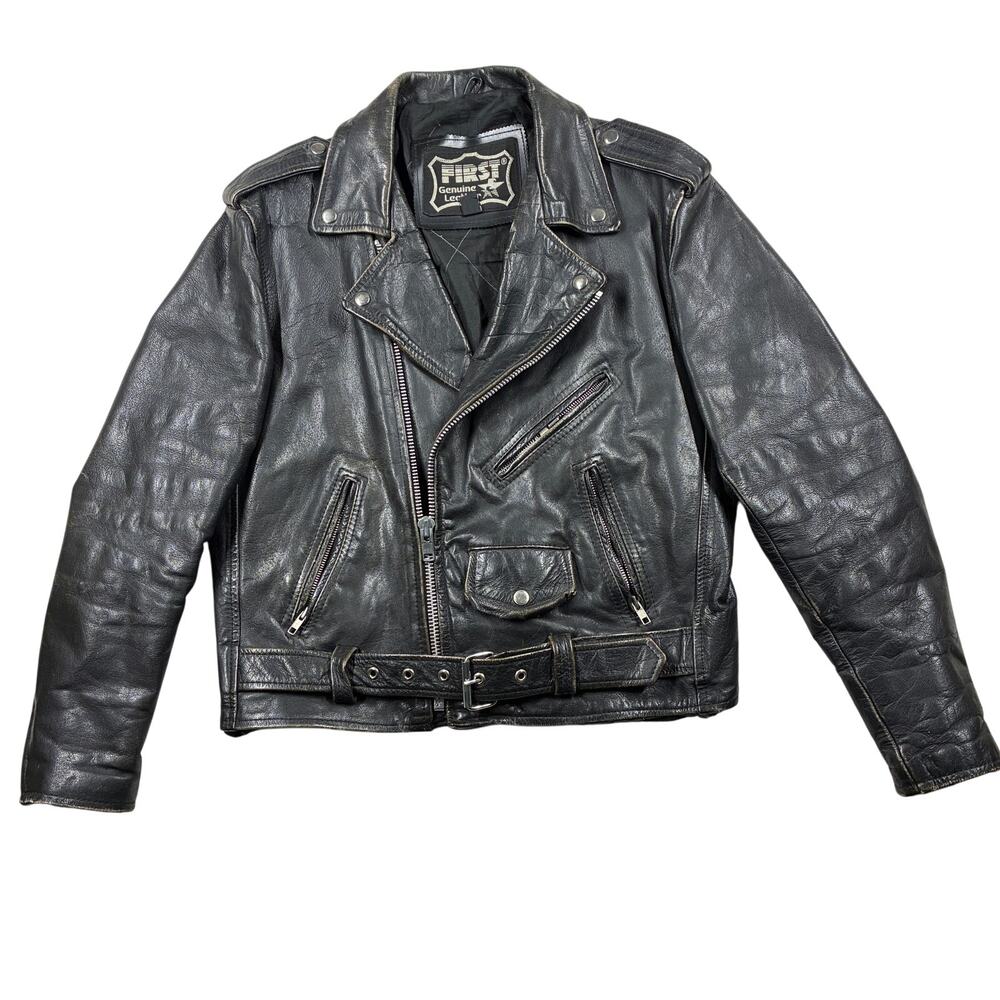 Vintage FIRST Biker Jacket Mens 40 Black Genuine Leather Asymmetrical Zip Moto